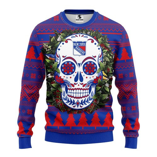 Nhl New York Rangers Skull Flower Christmas Ugly Sweater