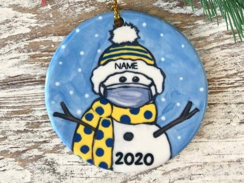 Personalized Covid Snowman With Mask Yellow And Blue School Colors Name Ornament Pride Christmas Graduation 2020 Personalized Gifts