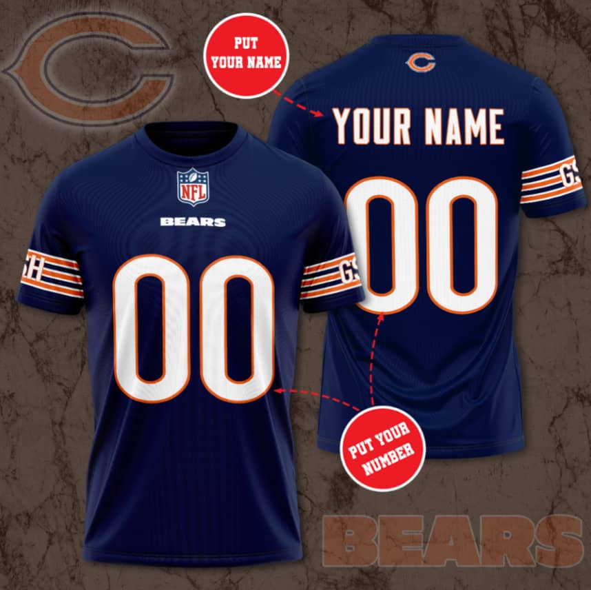 Chicago Bears Navy Custom Jersey Nfl Personalized 3D T-Shirts