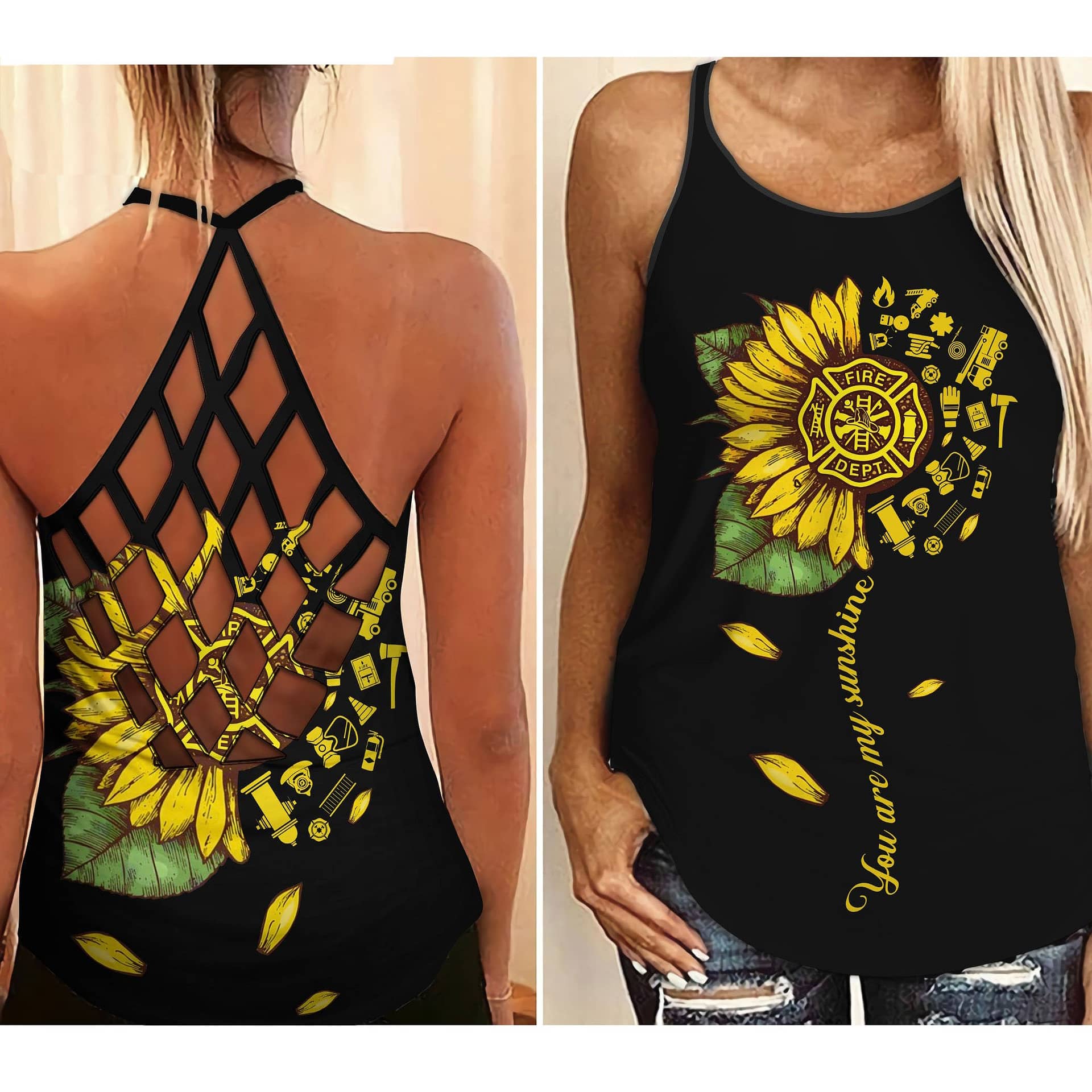 You Are My Sunshine Firefighter Criss Cross Tank Top