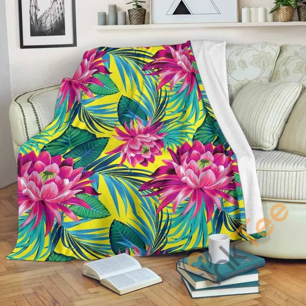 Tropical Lotus Pattern Premium Fleece Blanket