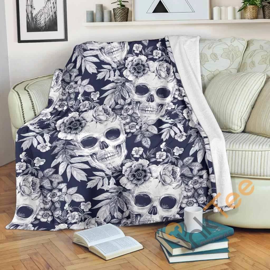 White Blue Skull Floral Pattern Premium Fleece Blanket
