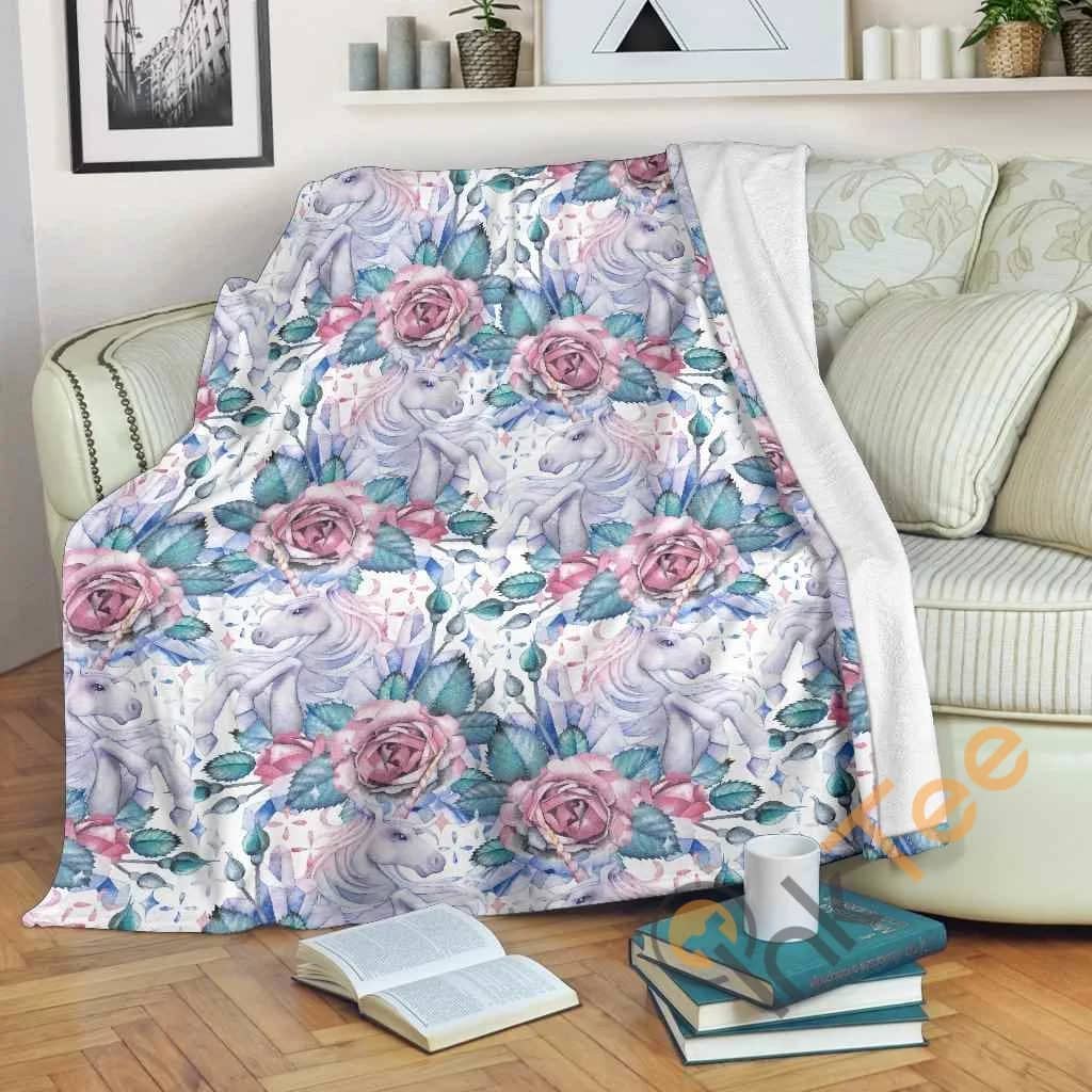 White Fairy Rose Unicorn Pattern Premium Fleece Blanket
