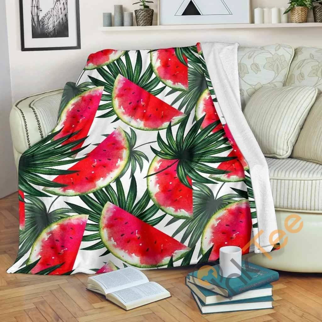 White Palm Leaf Watermelon Pattern Premium Fleece Blanket