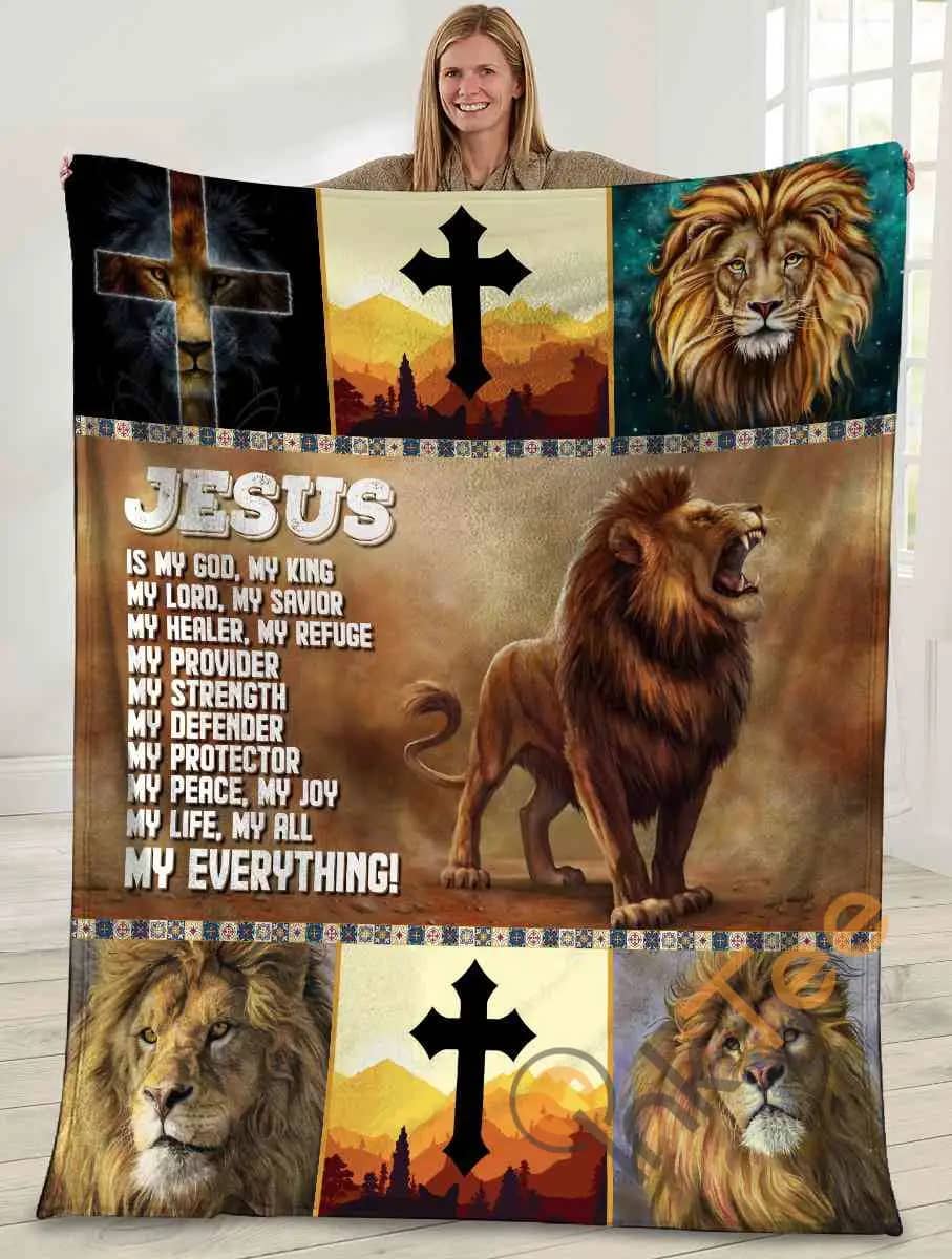 Jesus Is My God My King Lion Cross Christian Ultra Soft Cozy Plush Fleece Blanket