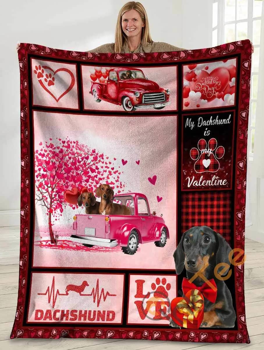Valentine'S Day Gifts My Dachshund Is My Valentine Dachshund Doxie Weiner Dog Pink Truck Ultra Soft Cozy Plush Fleece Blanket
