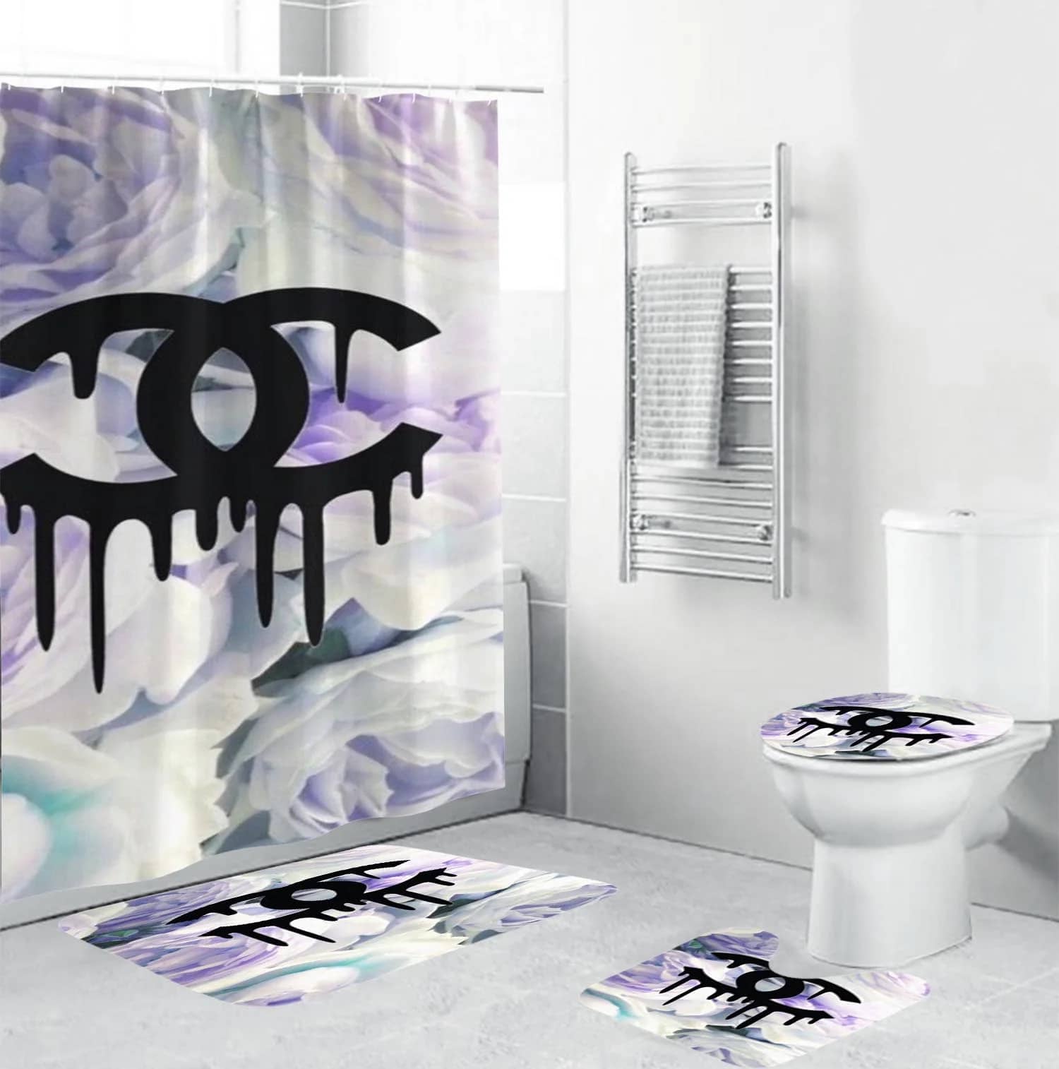 Coco Chanel Black Dripping Logo In Floral Background Bathroom Sets