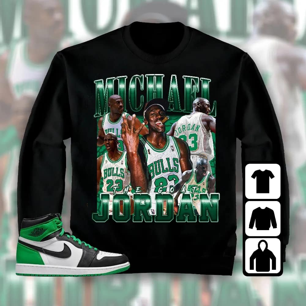 Inktee Store - Jordan 1 Celtic Lucky Green Unisex T-Shirt - The Goat Mj - Sneaker Match Tees Image