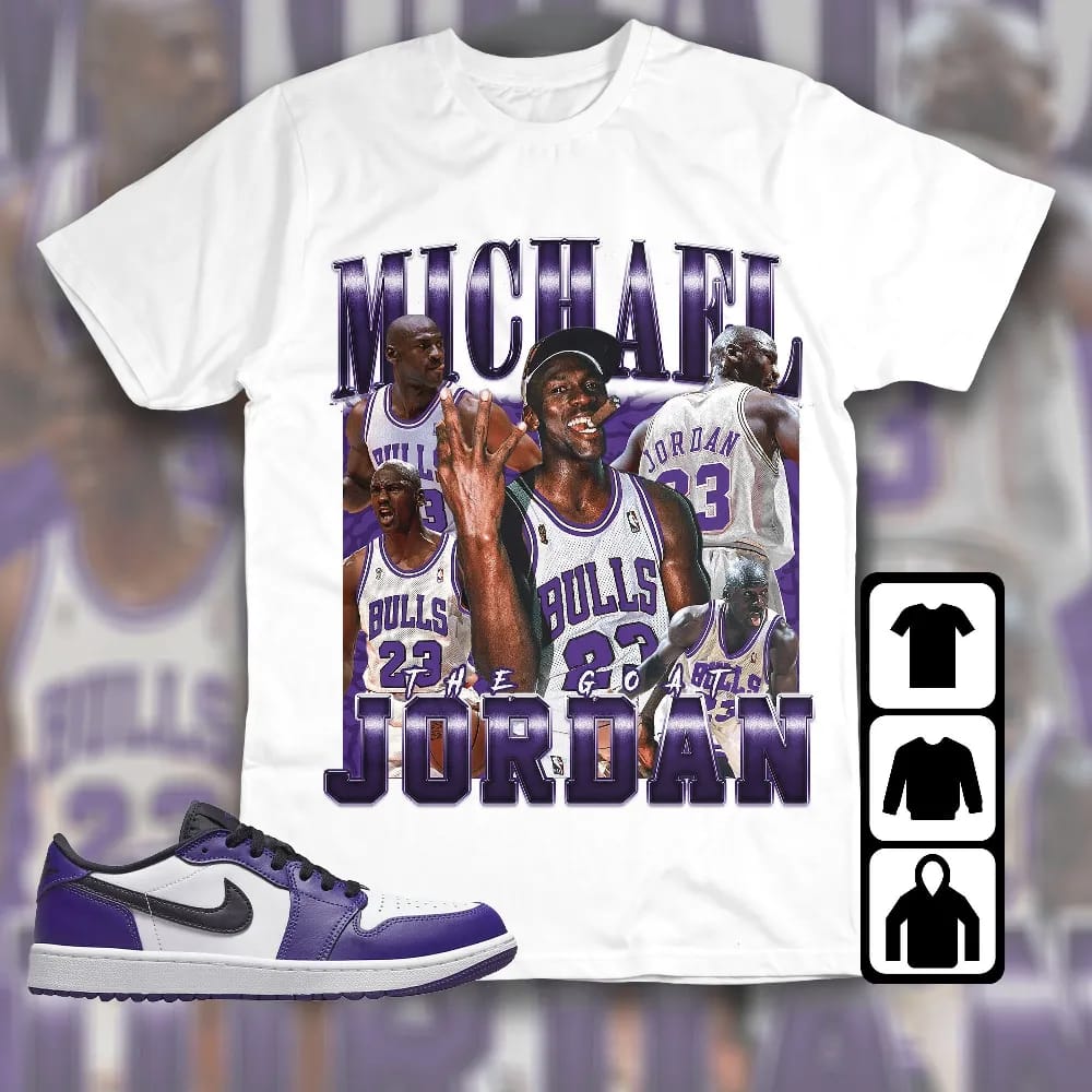 Inktee Store - Jordan 1 Low Golf Court Purple Unisex T-Shirt - The Goat Mj - Sneaker Match Tees Image