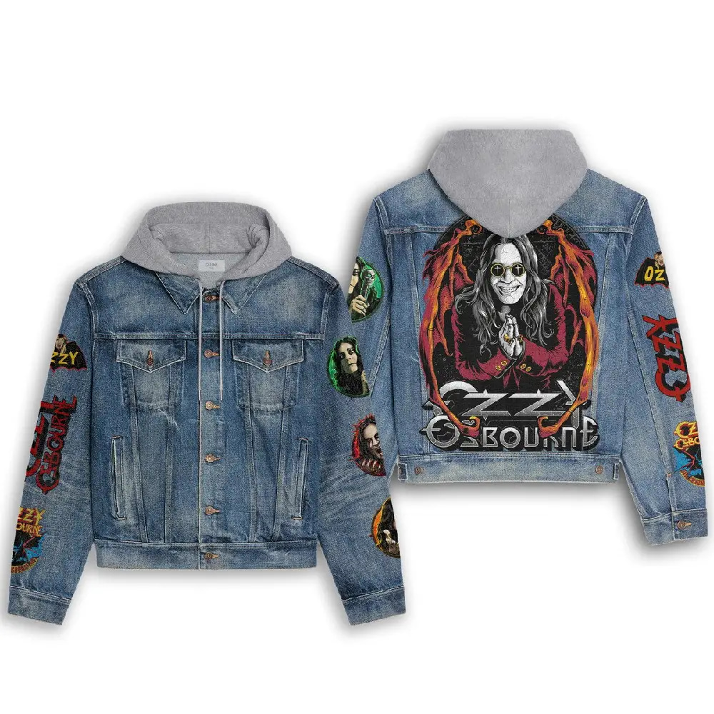 Inktee Store - Ozzy Osbourne Hooded Denim Jacket Image