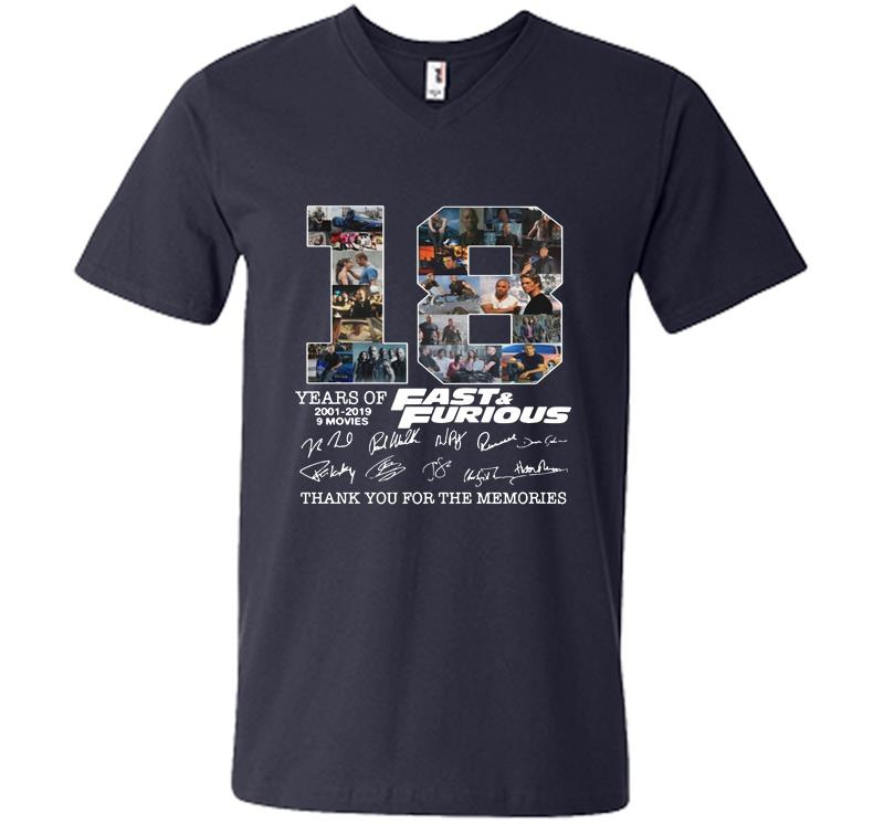 Inktee Store - 18 Years Of Fast And Furious 2001-2019 Signature Thank You For The Memories V-Neck T-Shirt Image
