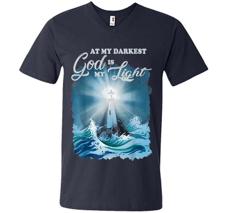 Inktee Store - At My Darkest God Is My Light, Lighthouse Jesus Christian V-Neck T-Shirt Image