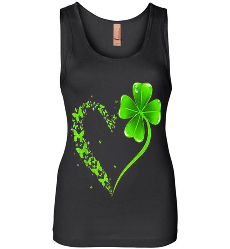Butterfly Heart Leaf Irish St. Patrick Day Clover Heart Womens Jersey Tank Top