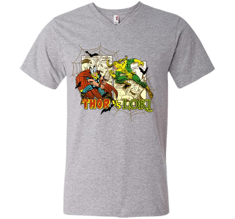 Inktee Store - Marvel Thor Loki Halloween Bats Webs Retro V-Neck T-Shirt Image