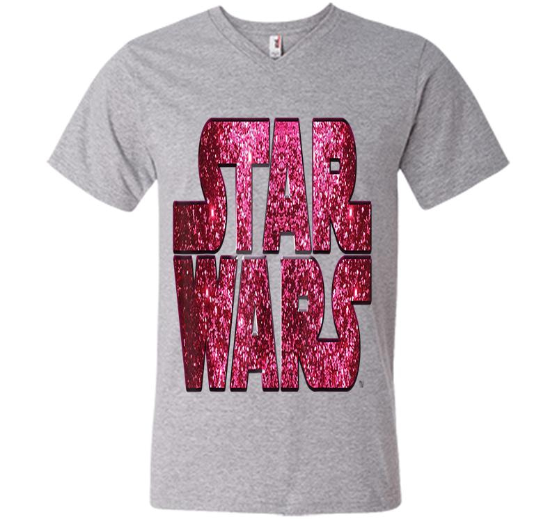 Inktee Store - Star Wars Pink Logo Faux-Glitter Print V-Neck T-Shirt Image