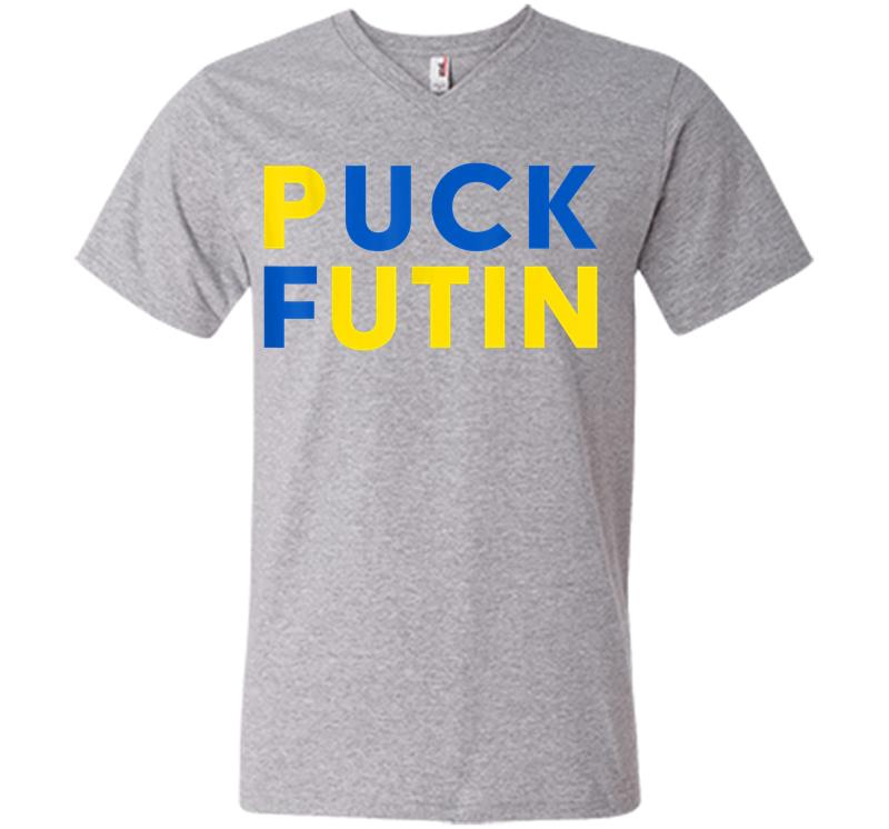 Inktee Store - Ukrainian Flag Puck Futin I Stand With Ukraine V-Neck T-Shirt Image