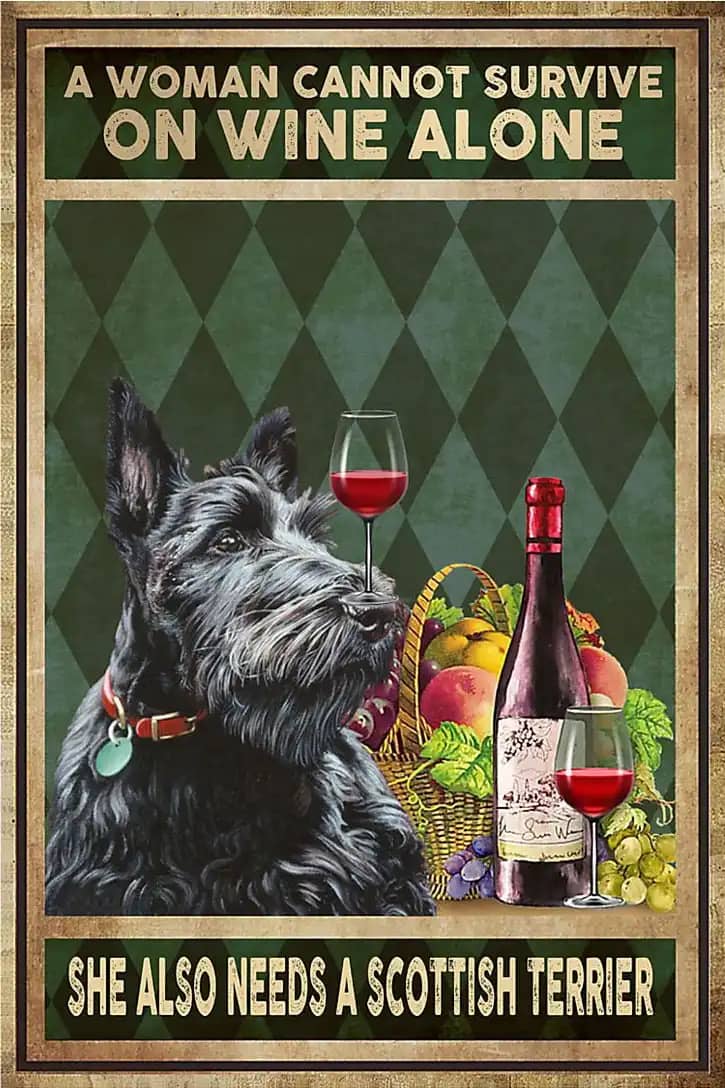 A Woman Cannot Survive On Wine Alone She Also Needs Scottish Terrier Poster