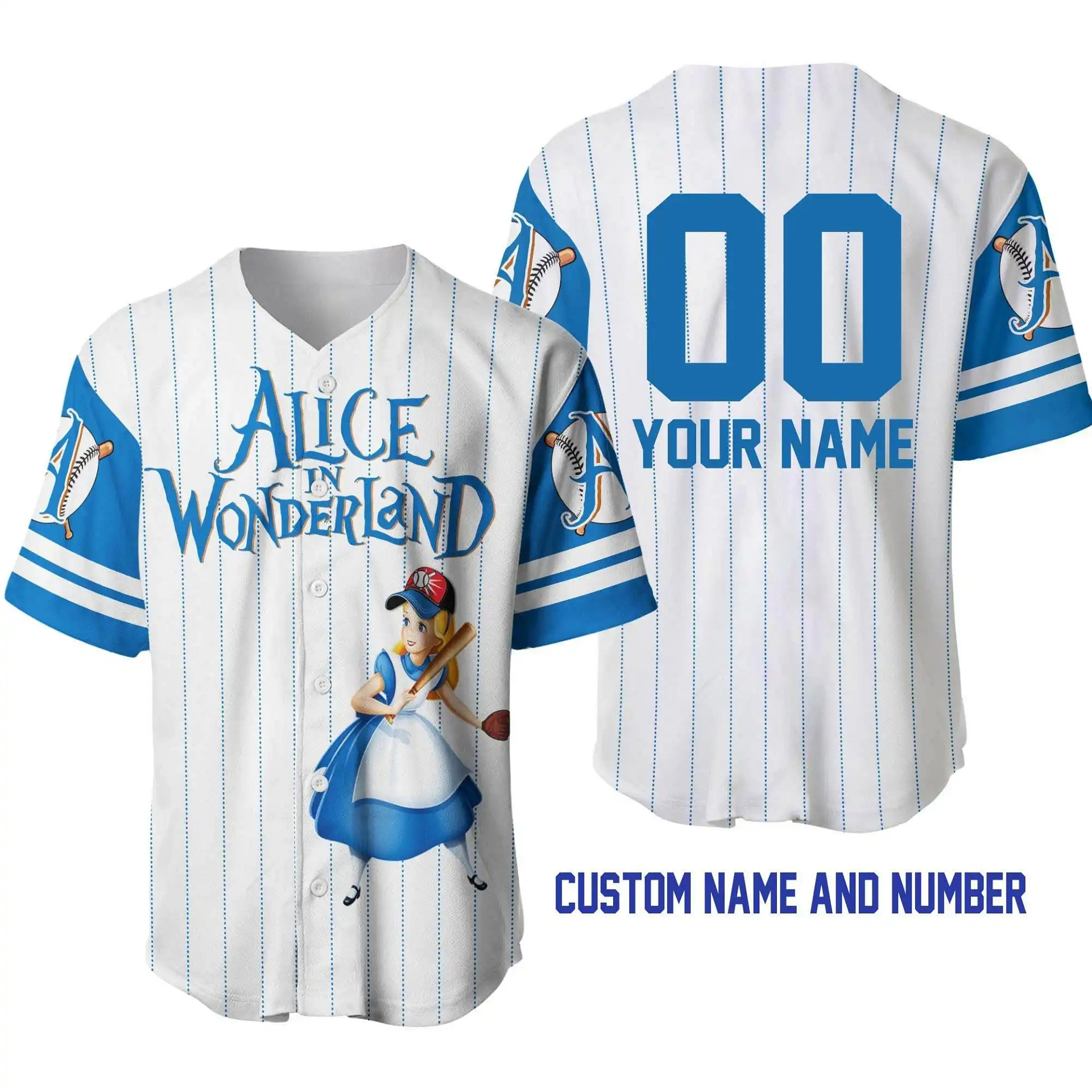 Alice Wonderland White Blue Disney Unisex Cartoon Graphic Casual Outfits Custom Personalized Men Women Baseball Jersey