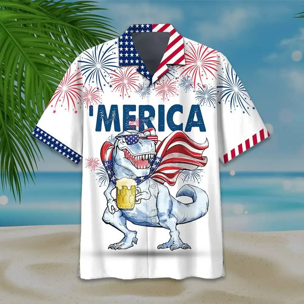 America Independence Day 4Th Of July Merica Dinosaur Drinking Beer Fireworks Summer Vacation Hawaiian Shirts