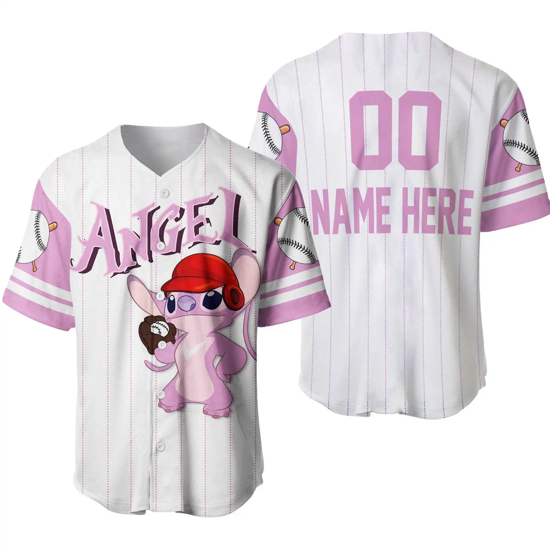 Angel Stitch Girlfriend White Pink Disney Unisex Cartoon Graphic Casual Outfits Custom Personalized Men Women Baseball Jersey