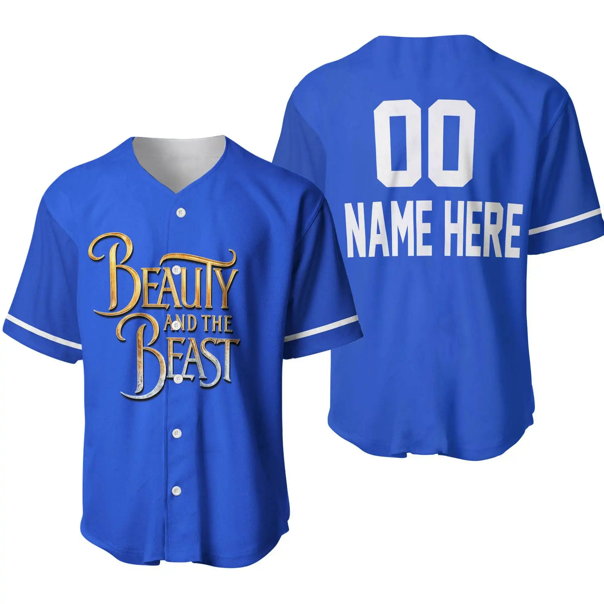 Beauty &Amp; The Beast Blue White Disney Unisex Cartoon Graphic Casual Outfits Custom Personalized Men Women Baseball Jersey