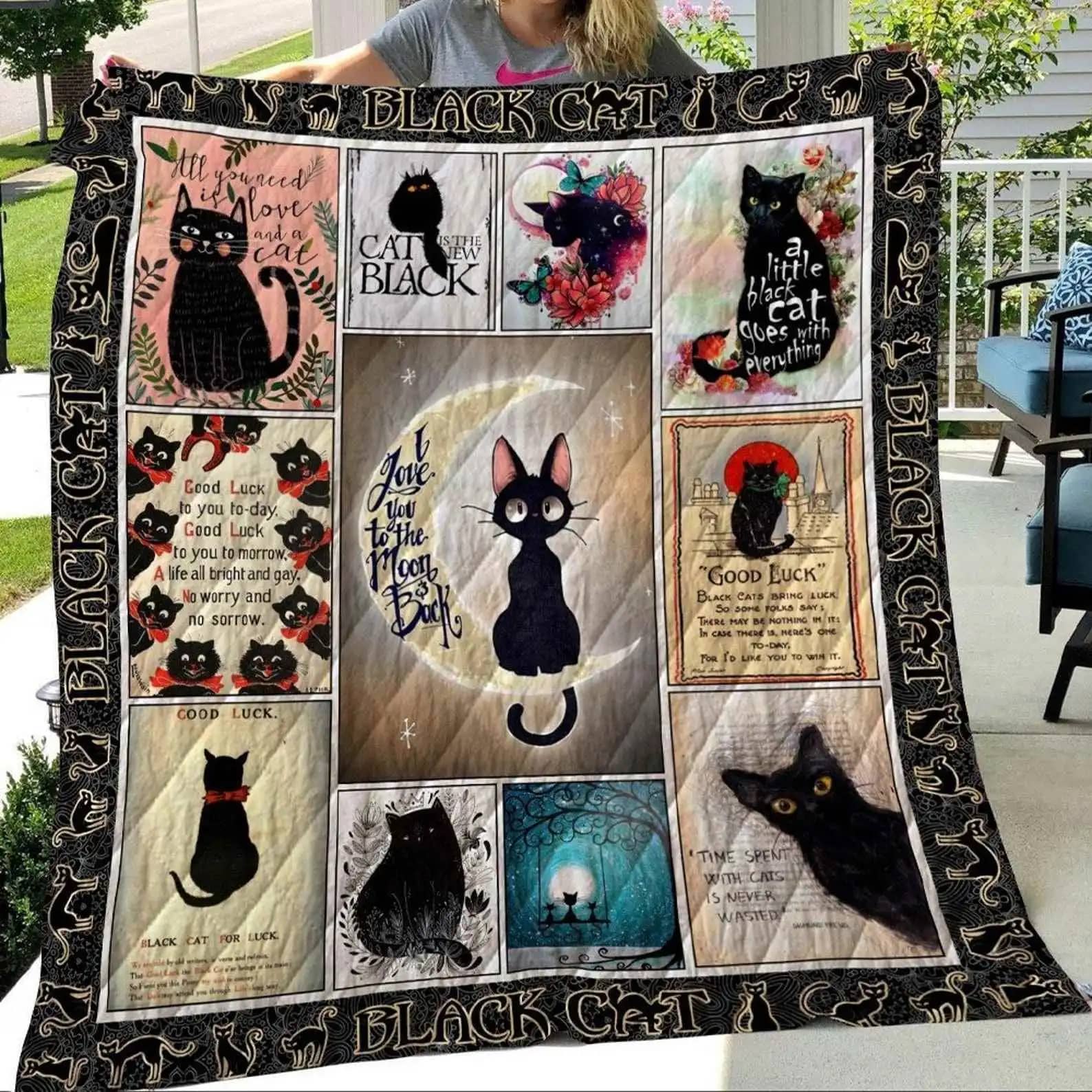 Black Cat Blanket I Love You To The Moon And Back Gift For Lovers Quilt