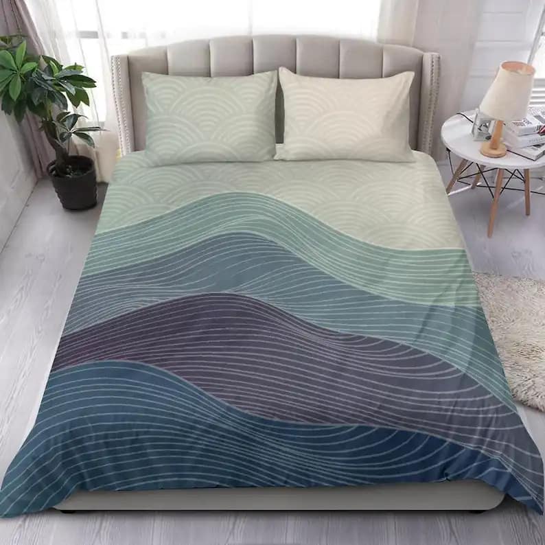 Blue And Purple Japanese Style Abstract Lines And Waves Horizon Quilt Bedding Sets