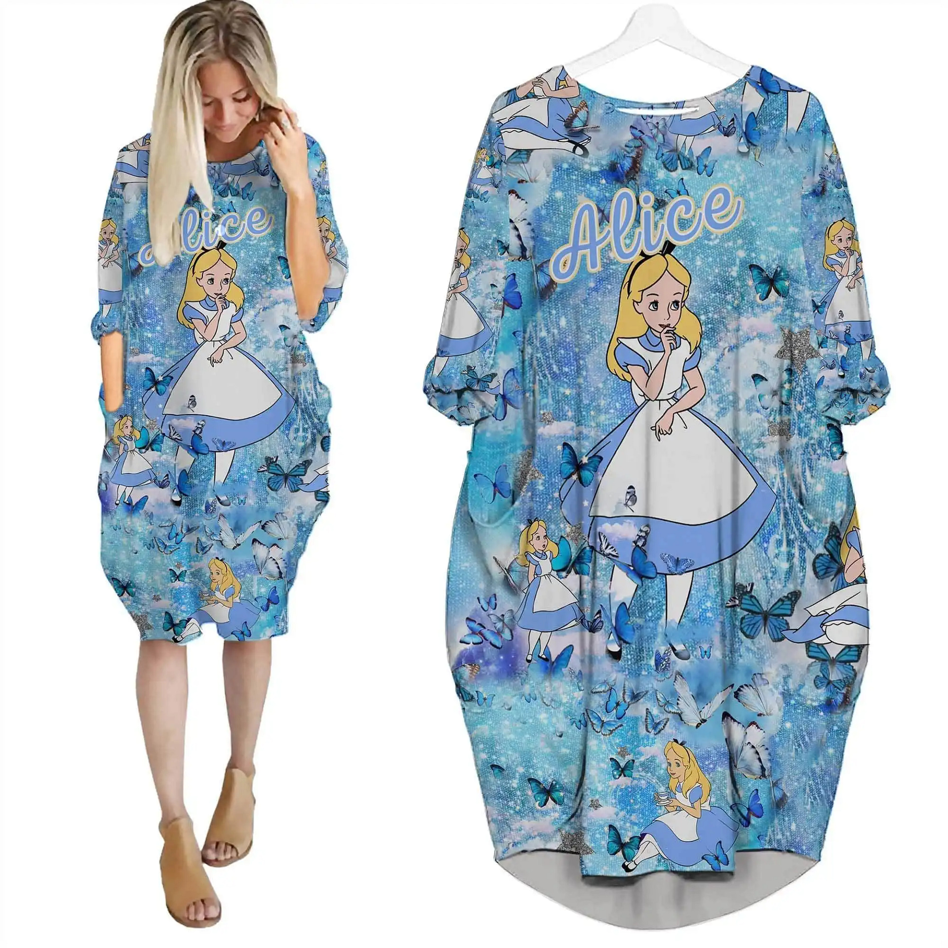 Blue Butterfly Alice In Wonderland Glitter Disney Cartoon Summer Vacation Outfits Women Girls Batwing Pocket Dress