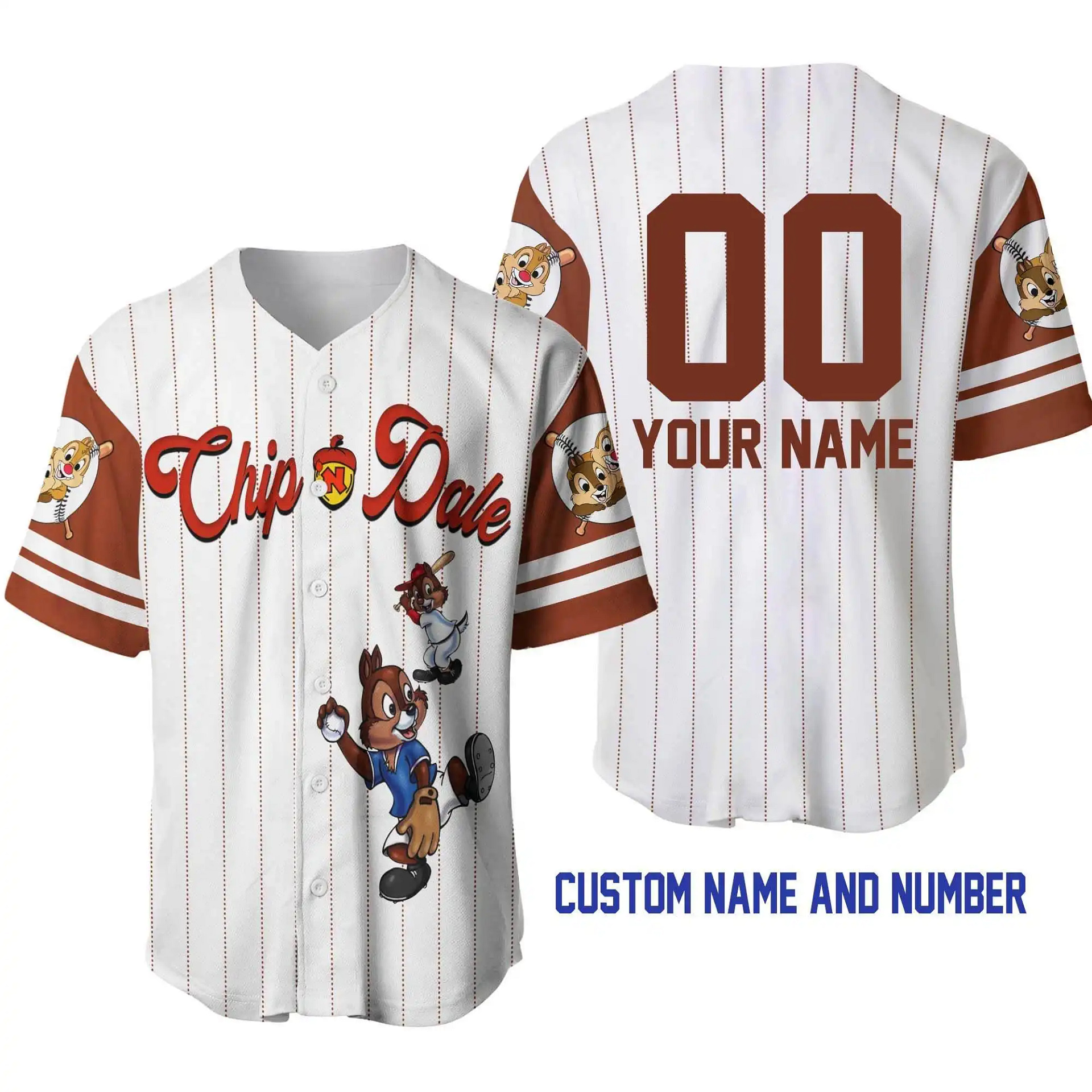 Chip 'N' Dale White Coffee Brown Disney Unisex Cartoon Graphic Casual Outfits Custom Personalized Men Women Baseball Jersey