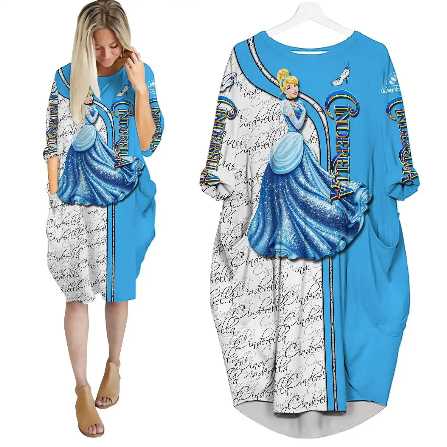 Cinderella Princess Pattern Disney Cartoon Summer Vacation Outfits Women Girls Batwing Pocket Dress