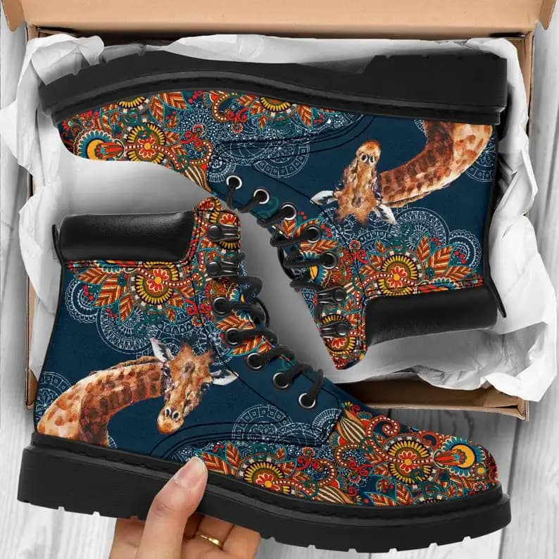 Colorful Hiking Boots Giraffe Floral Style Indian Art All Season Boot