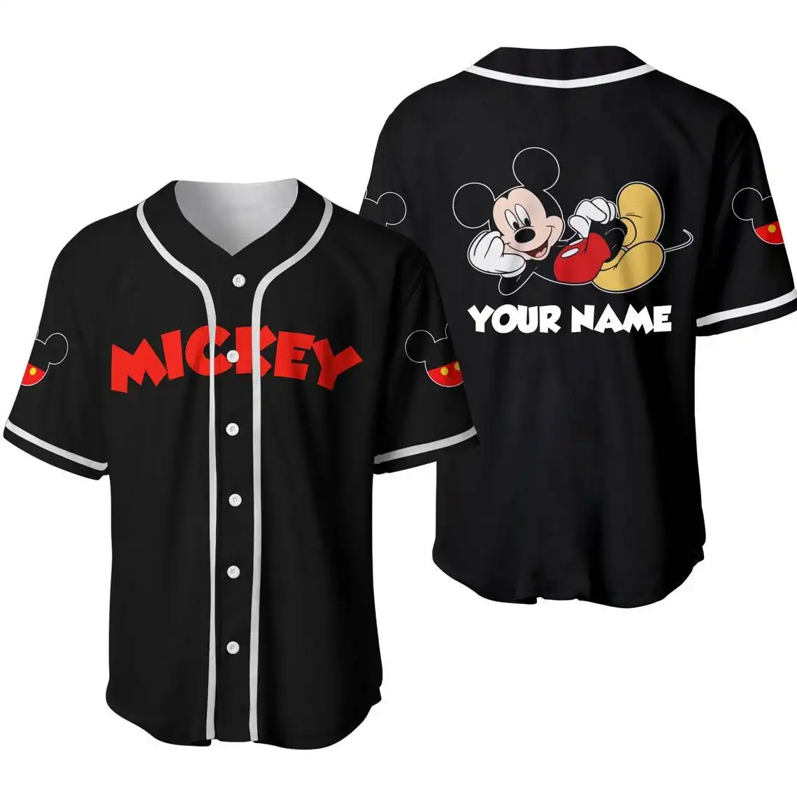 Custom Chilling Mickey Mouse Disney Unisex Cartoon Graphic Black Baseball Jersey