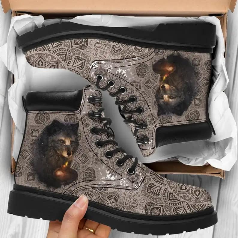 Custom Vegan Leather Boots Wolf Christmas Mandala Style All Season Boot