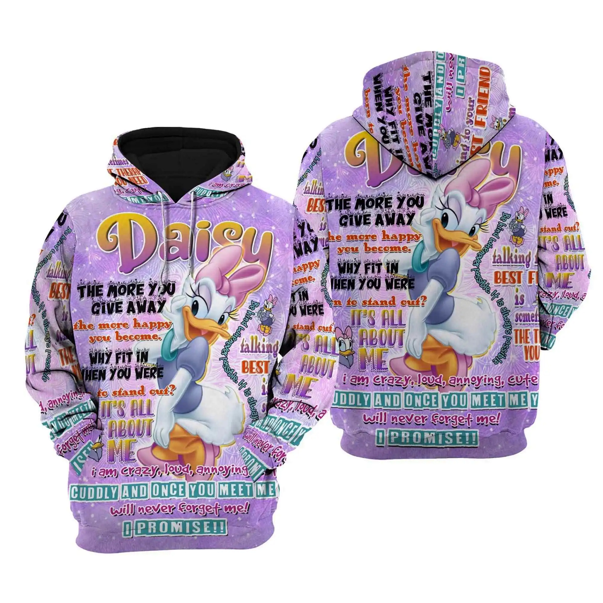 Daisy Duck Punk Words Pattern Disney Quotes Cartoon Graphic Outfits Clothing Men Women Kids Toddlers Hoodie 3D