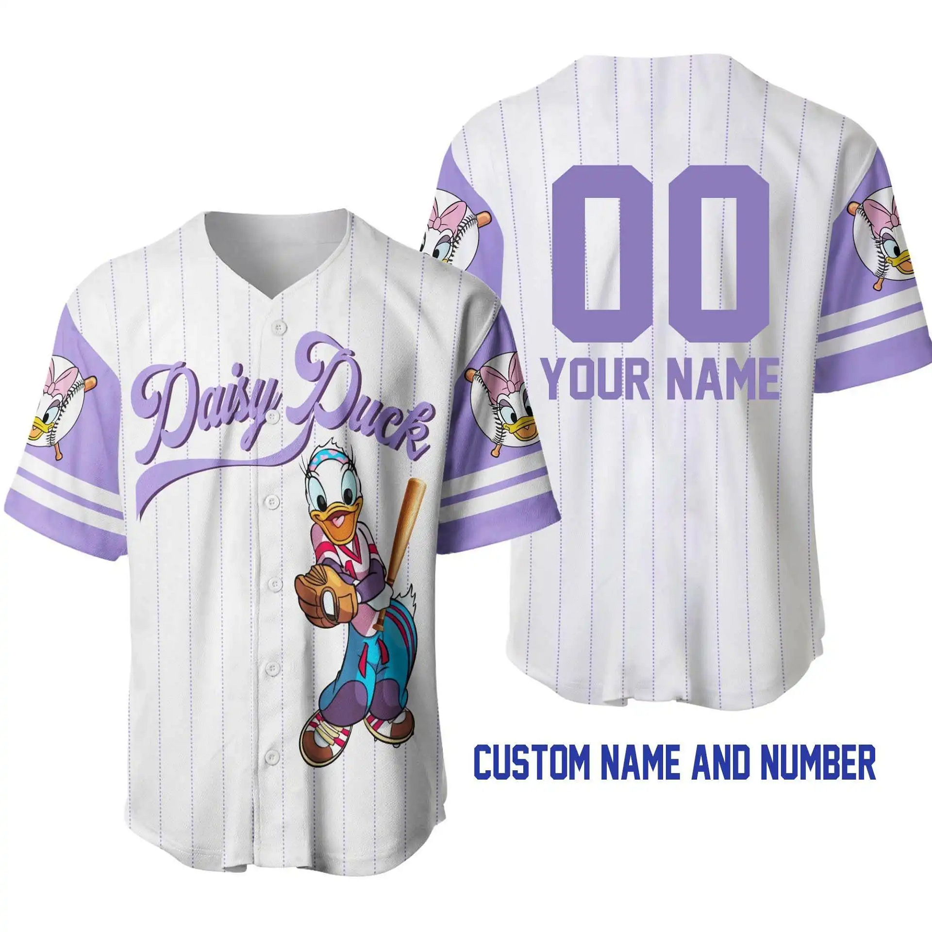 Daisy Duck White Purple Lilac Disney Unisex Cartoon Graphic Casual Outfits Custom Personalized Men Women Baseball Jersey