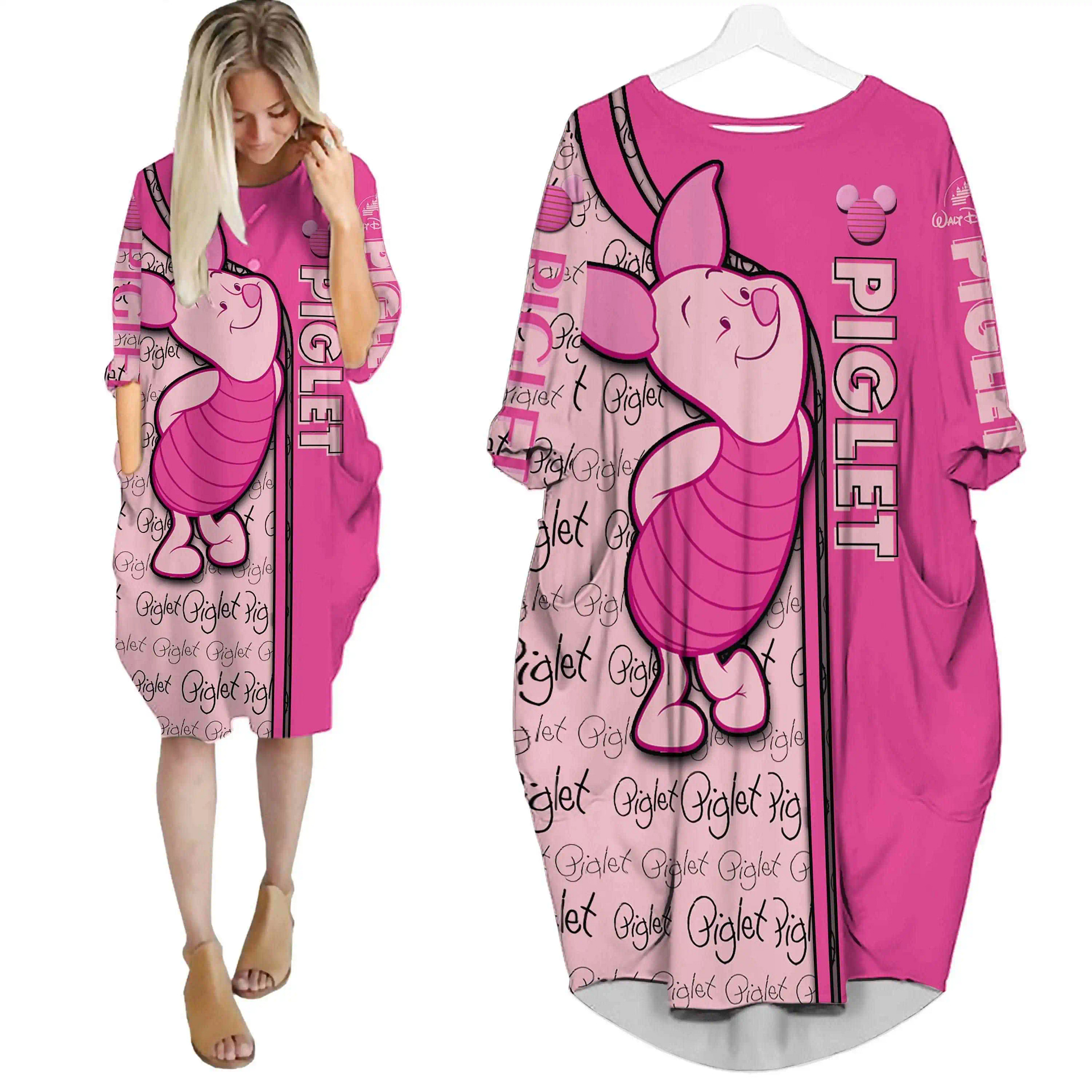 Disney Pink Piglet Cute Cartoon Summer Vacation Outfits Women Girls Batwing Pocket Dress
