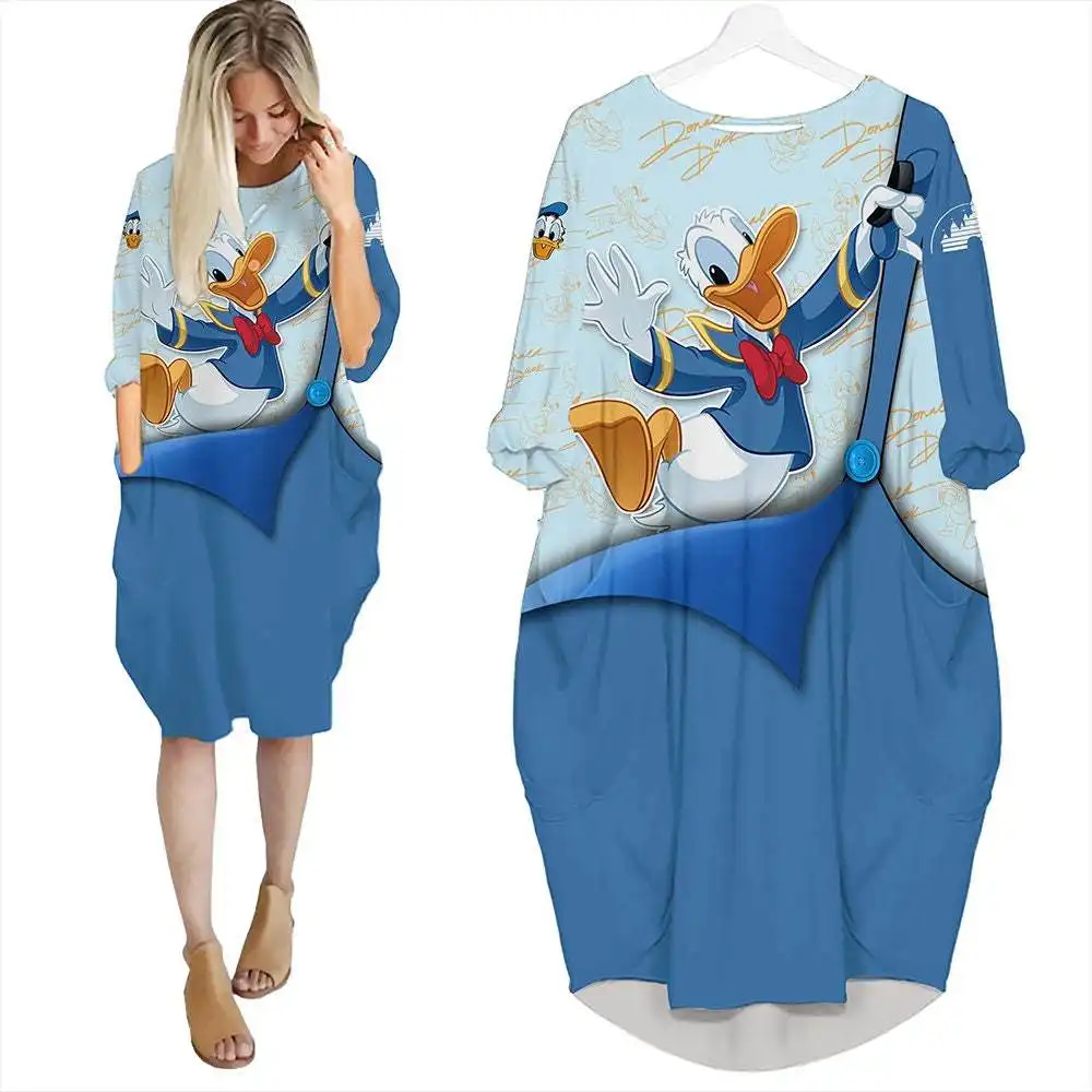Donald Duck Blue Cute Disney Cartoon Summer Vacation Outfits Women Girls Batwing Pocket Dress