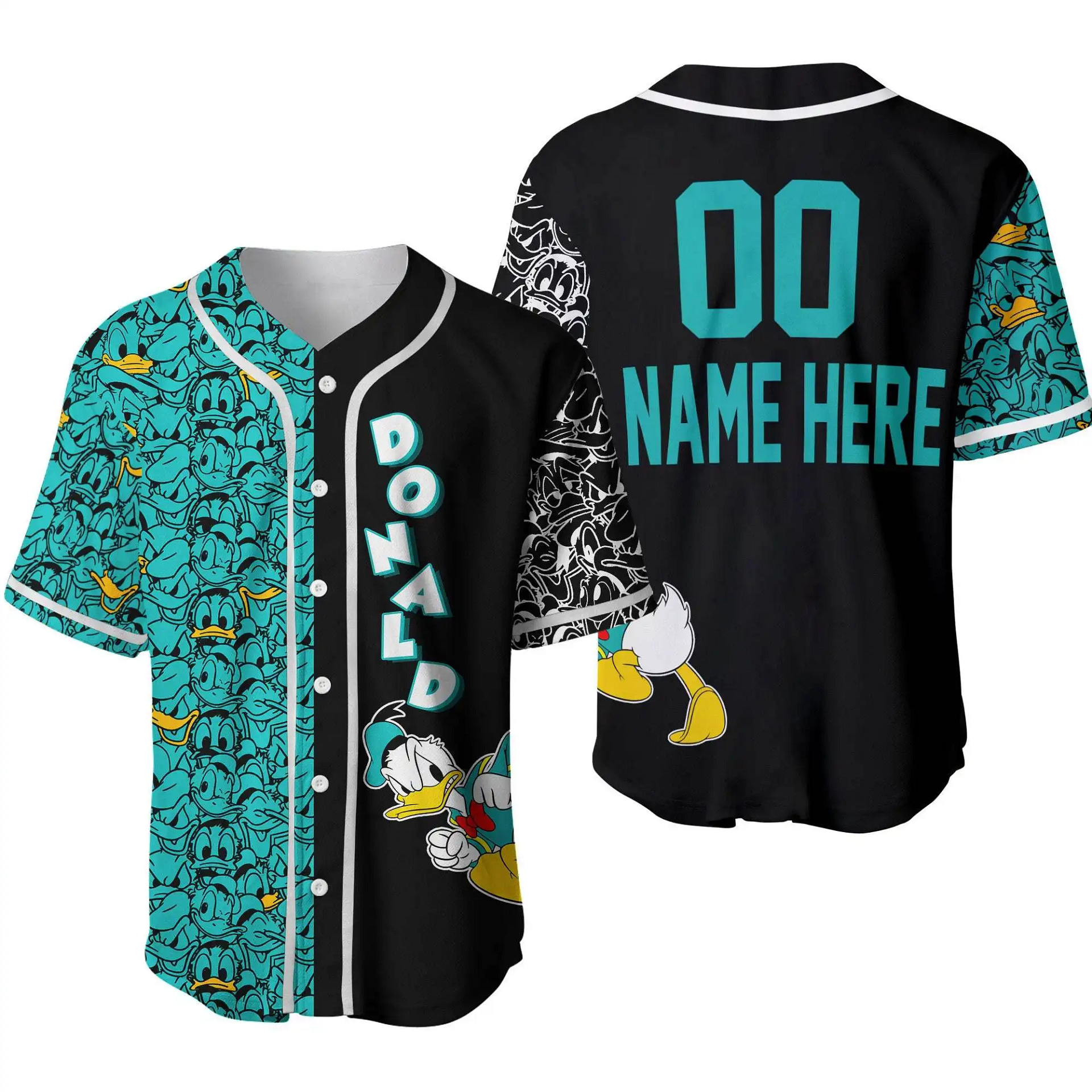 Donald Duck Pattern Turquoise Black Disney Unisex Cartoon Graphic Casual Outfits Custom Personalized Men Women Baseball Jersey