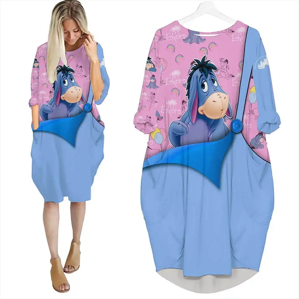 Eeyore Donkey Pattern Cute Disney Cartoon Summer Vacation Outfits Women Girls Batwing Pocket Dress