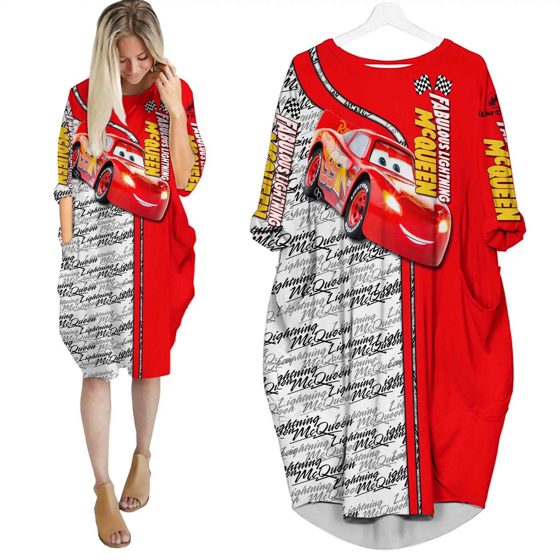 Fabulous Lightning Mcqueen Red Disney Cartoon Summer Vacation Outfit Women Girl Batwing Pocket Dress