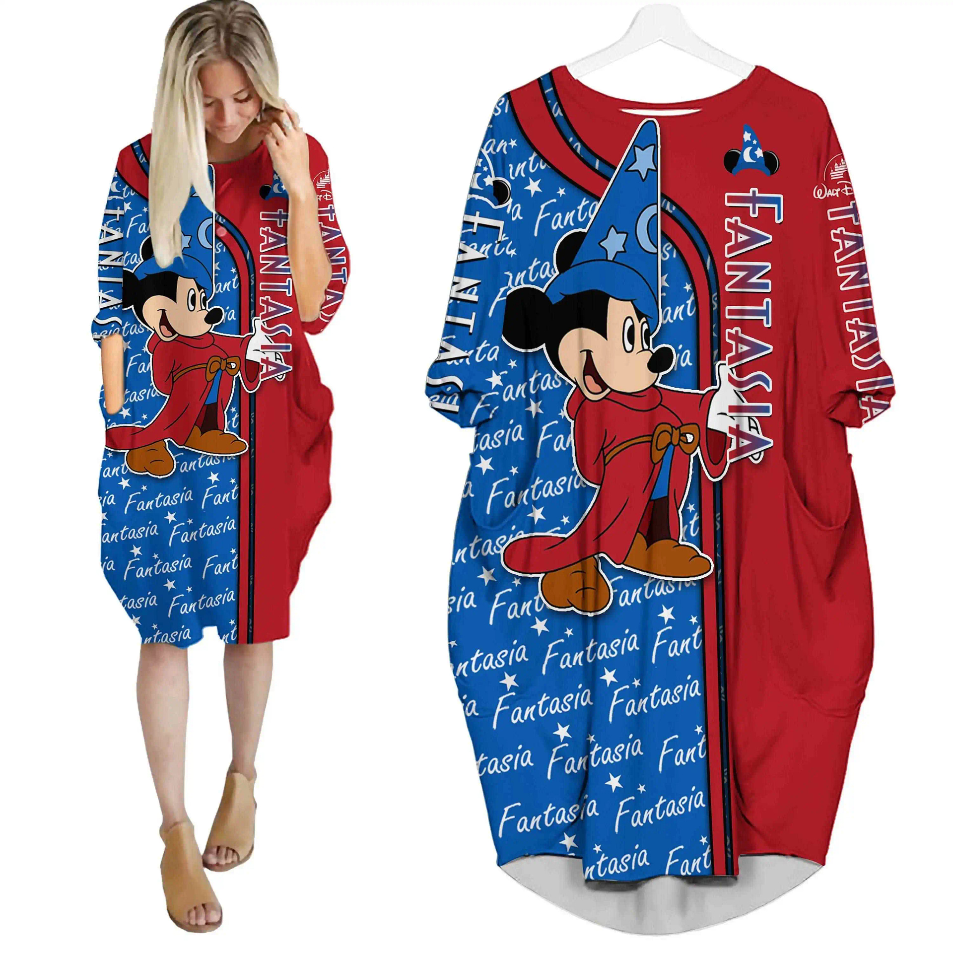 Fantasia Mickey Mouse Blue Disney Cartoon Summer Vacation Outfit Women Girl Batwing Pocket Dress