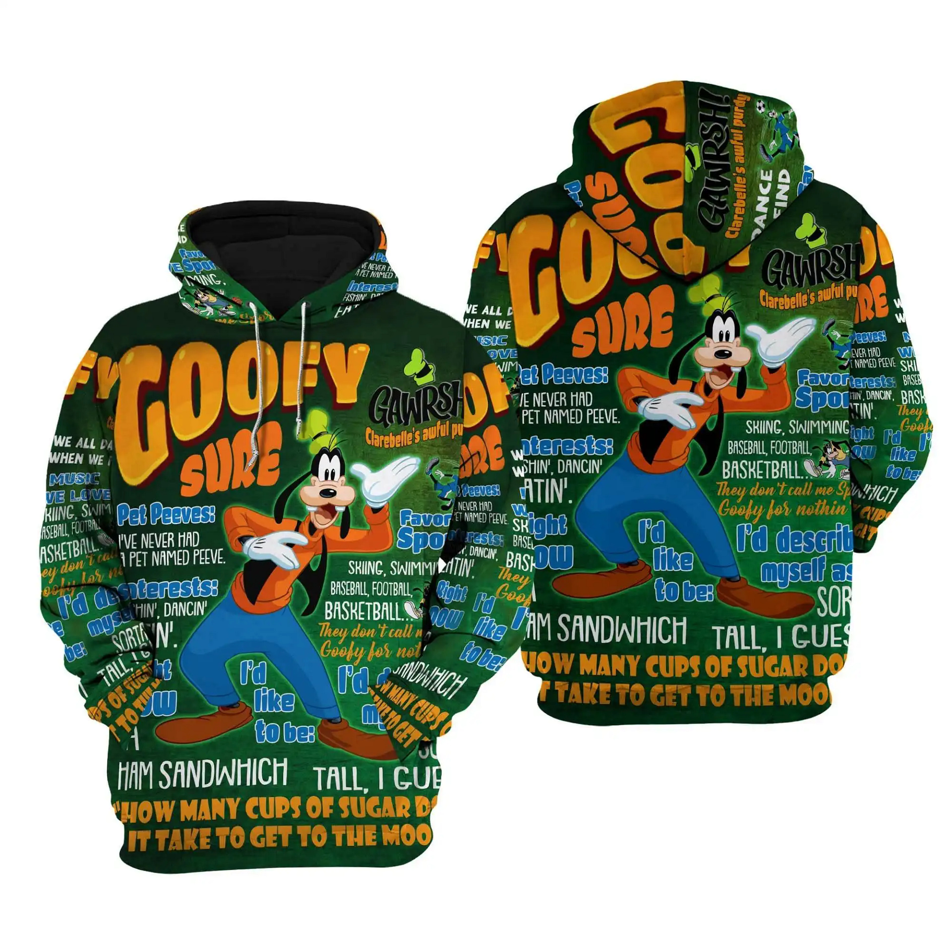 Goofy Dog Punk Words Pattern Disney Quotes Cartoon Graphic Outfits Clothing Men Women Kids Toddlers Hoodie 3D