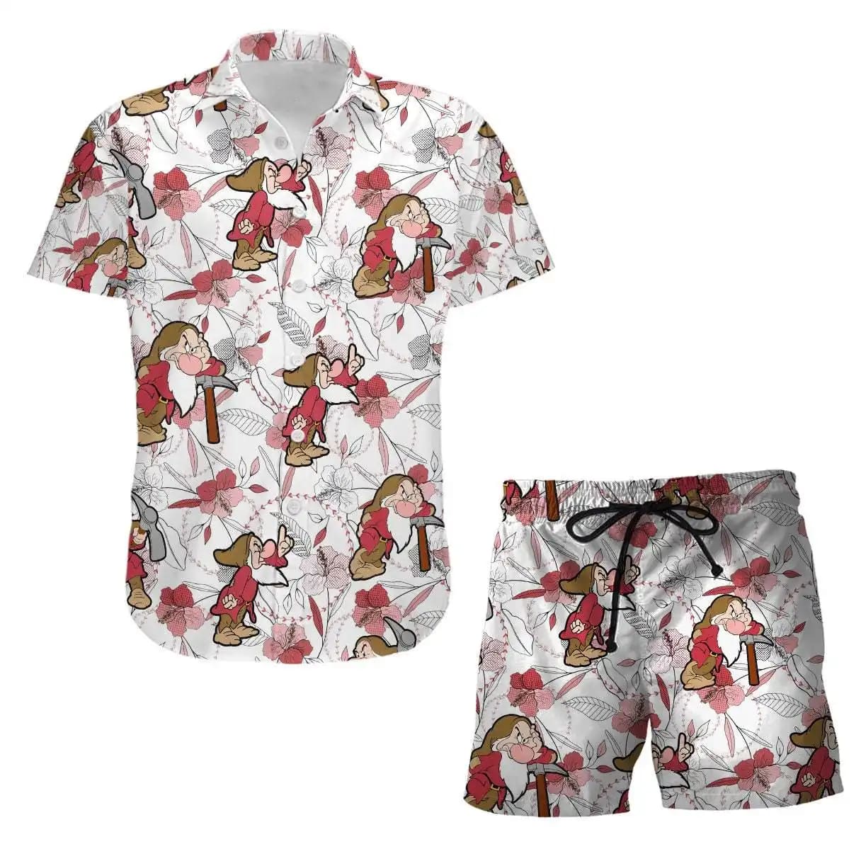 Grumpy Dwarf Hammer Disney Summer Tropical Print Vacation Shorts Set Unisex Cartoon Graphic Outfits Men Women Hawaiian Shirts