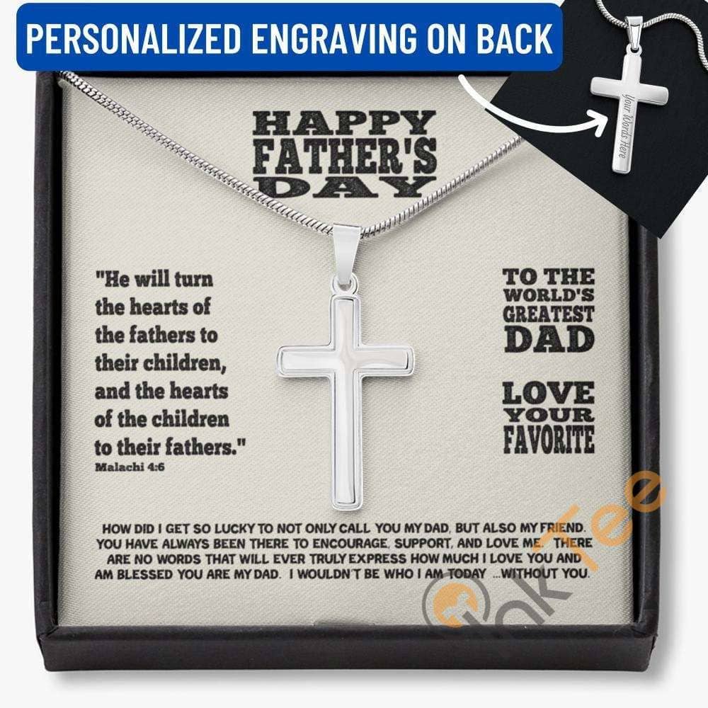 Happy Father'S Day Gift From Your Favorite Son Daughter Personalized Engraving On Back For Dad Cross Necklace Personalized Gifts