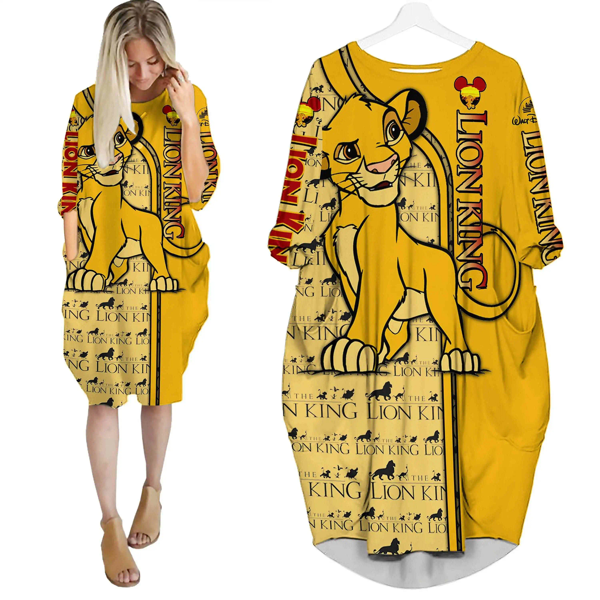 Lion King Simba Yellow Pattern Disney Cartoon Summer Vacation Outfit Women Girl Batwing Pocket Dress