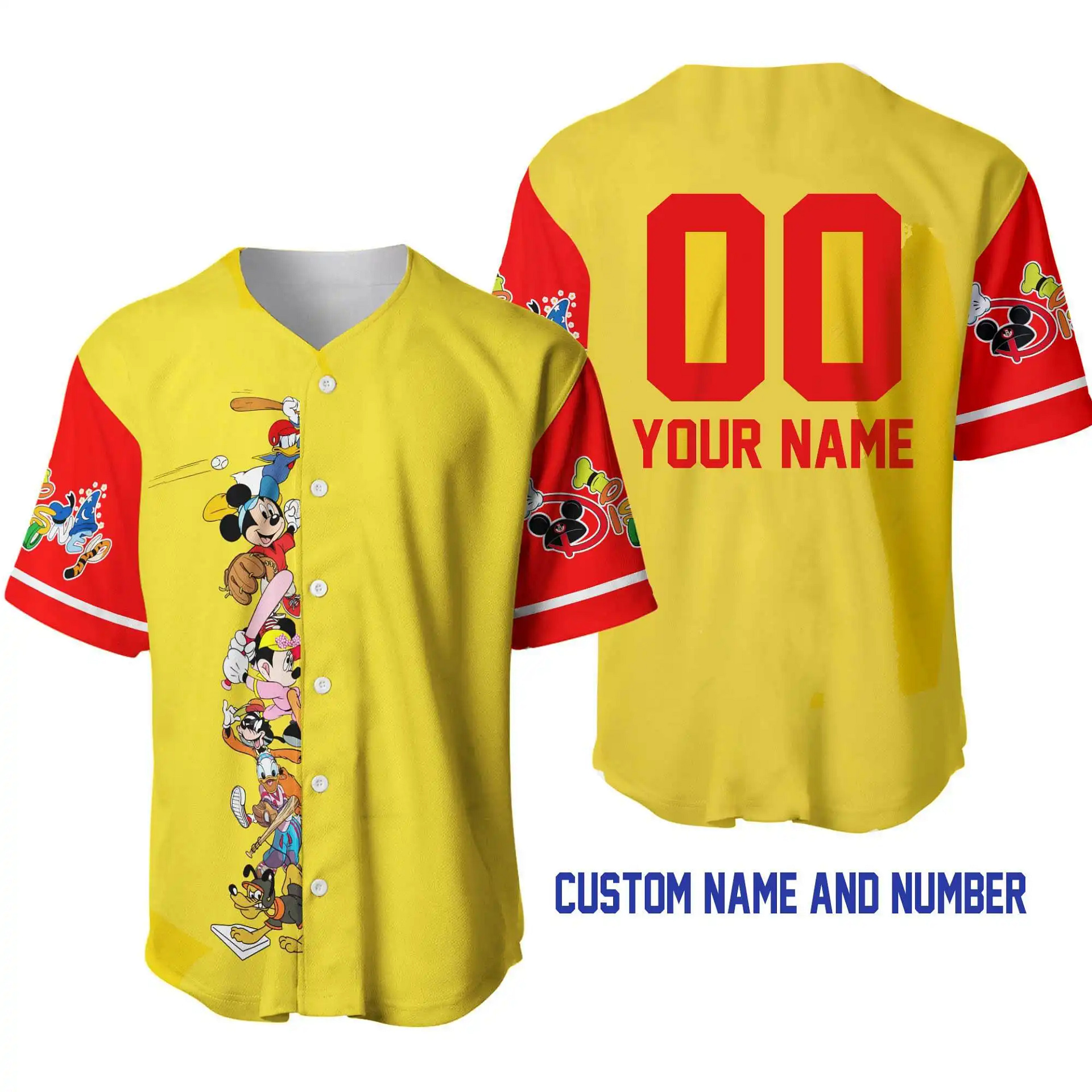 Mickey Minnie &Amp; Friends Yellow Red Disney Unisex Cartoon Graphic Casual Outfits Custom Personalized Men Women Baseball Jersey