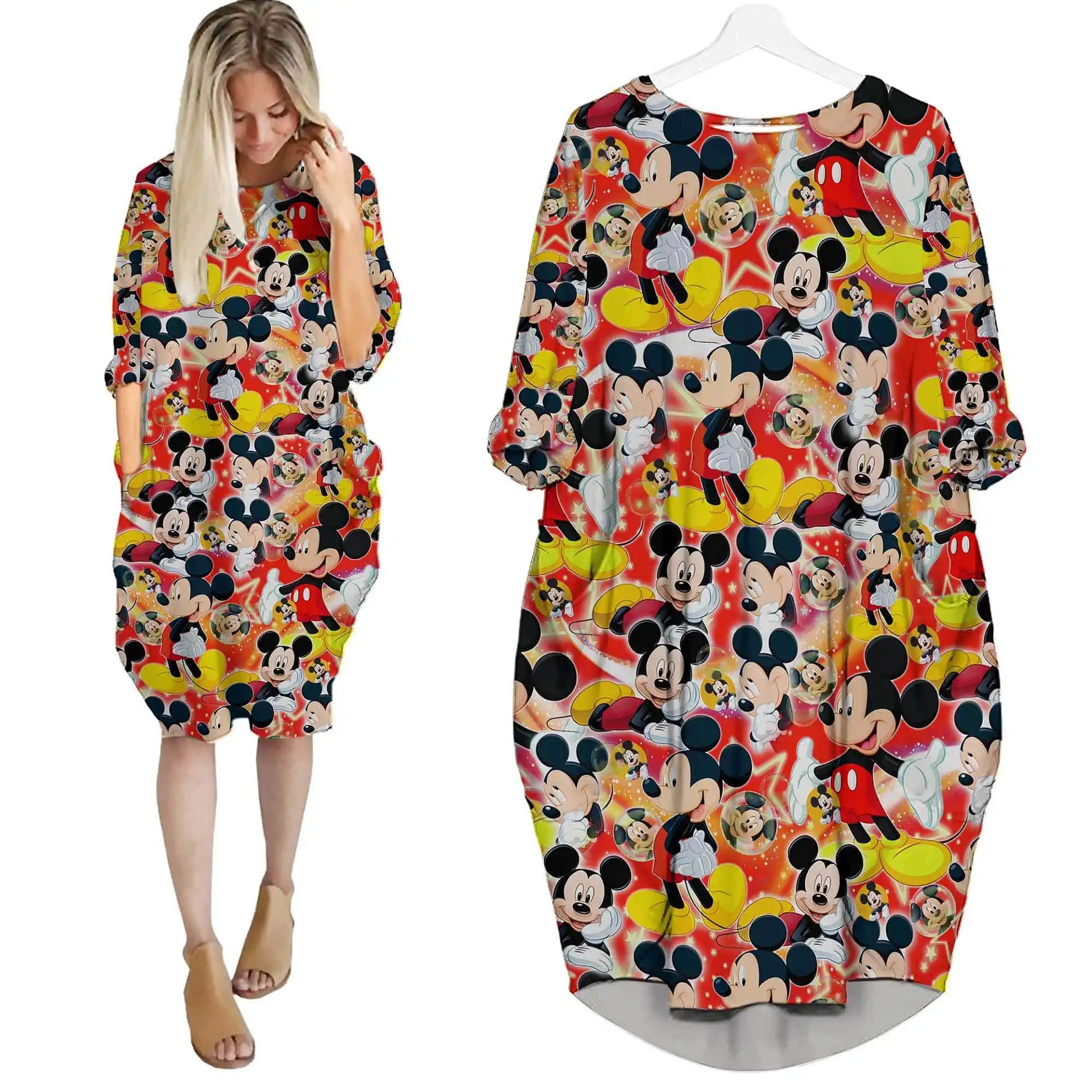 Mickey Mouse Orange Pattern Cute Disney Cartoon Summer Vacation Outfits Women Girls Batwing Pocket Dress