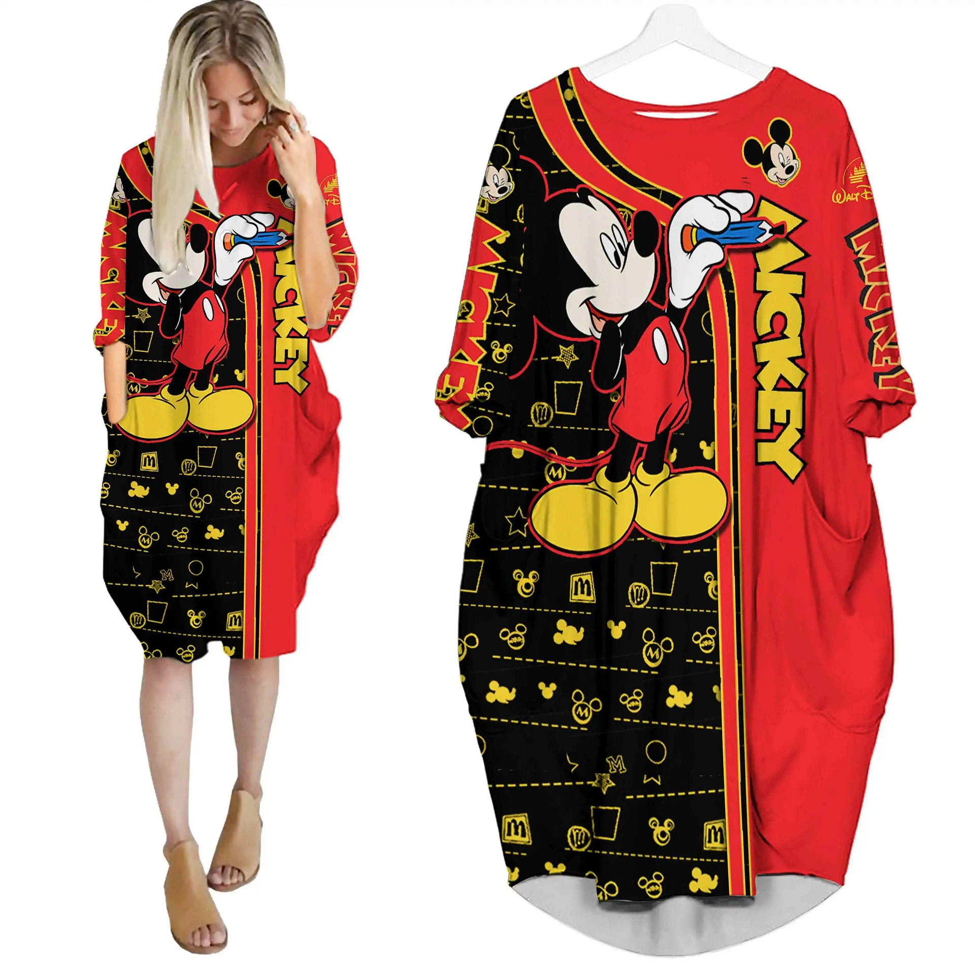 Mickey Mouse Red Pattern Disney Cartoon Summer Vacation Outfits Women Girls Batwing Pocket Dress