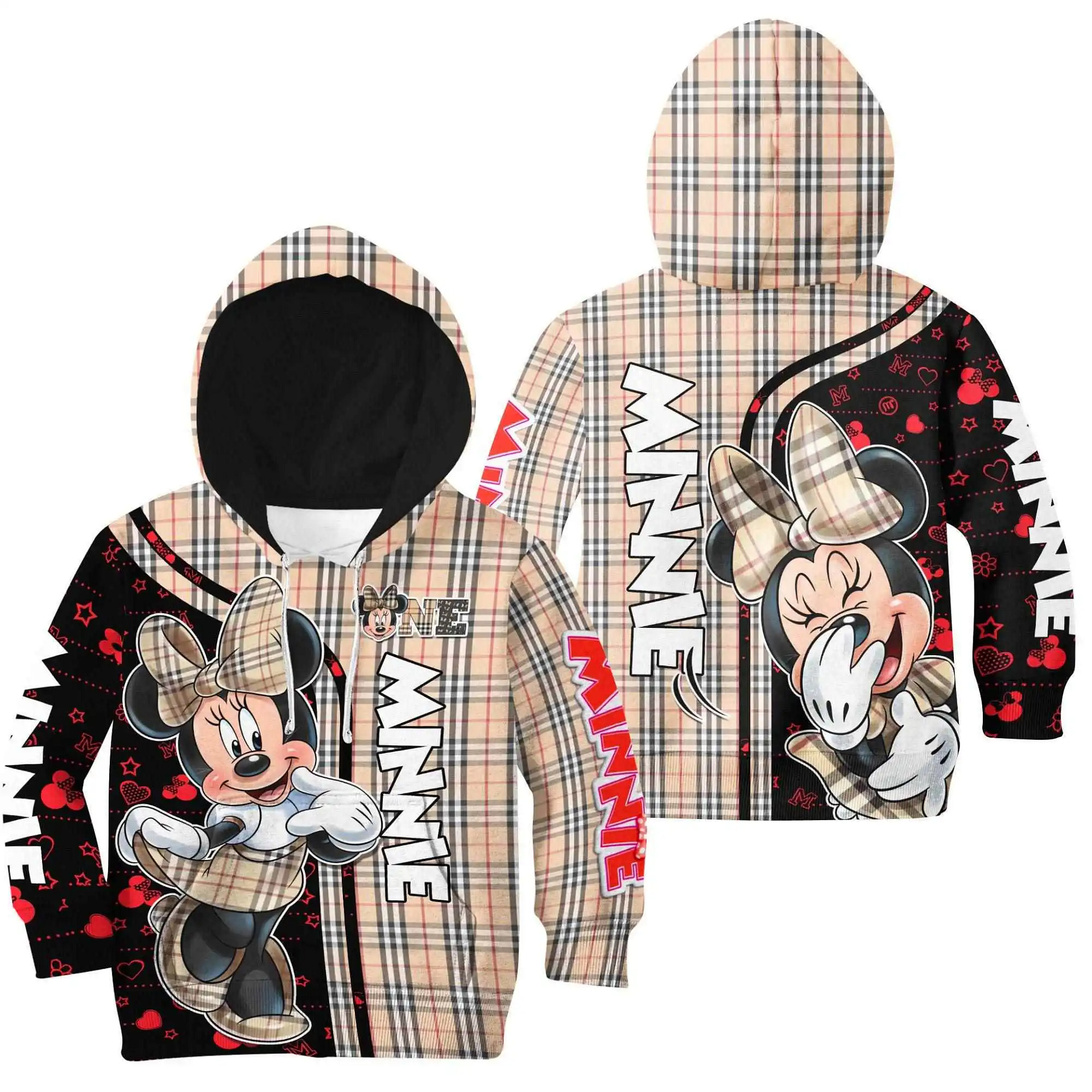 Minnie Mouse Plaid Stripe Black Brown Red Disney Cartoon Graphic Outfits Clothing Kids Toddlers Hoodie 3D