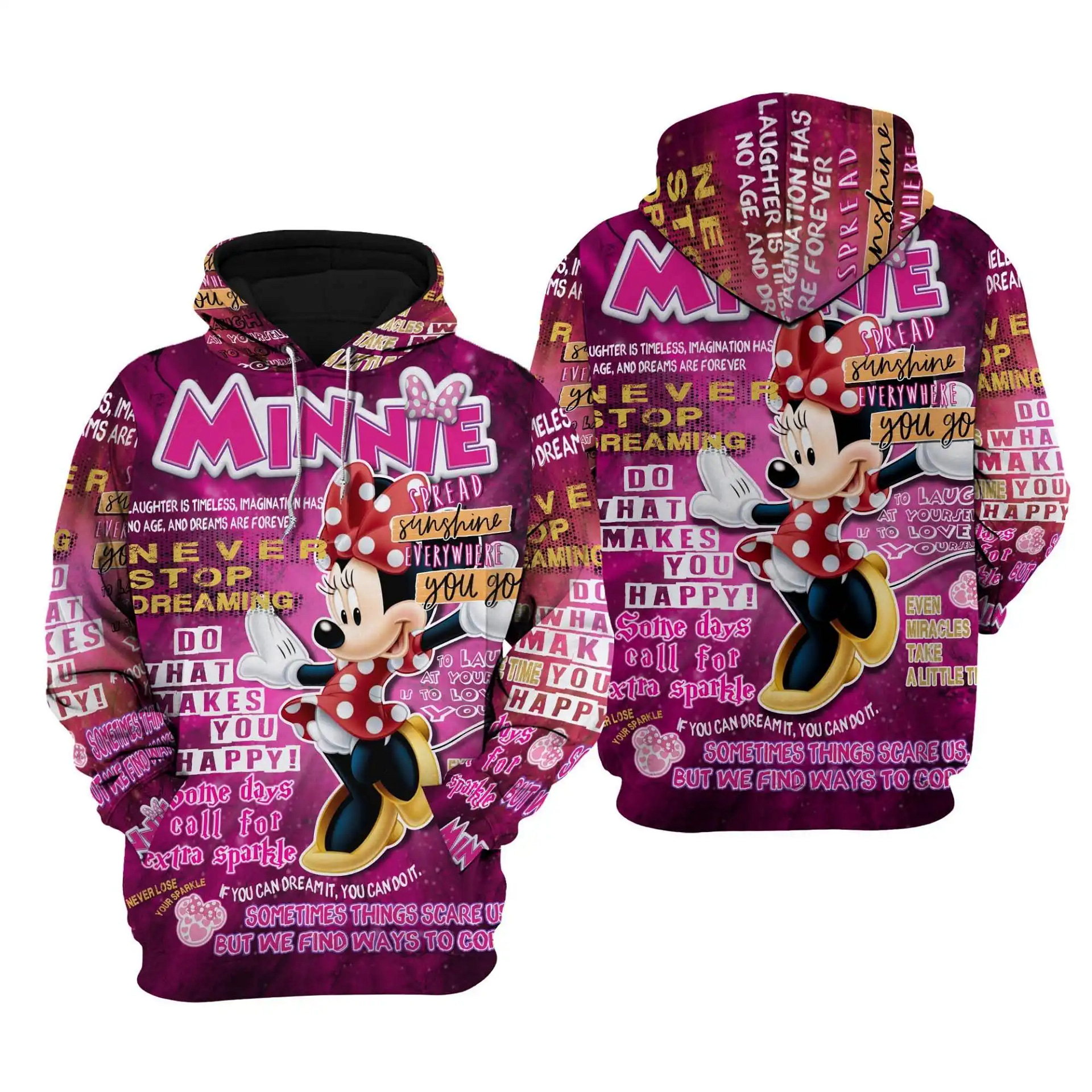 Minnie Mouse Punk Words Pattern Disney Quotes Cartoon Graphic Outfits Clothing Men Women Kids Toddlers Hoodie 3D